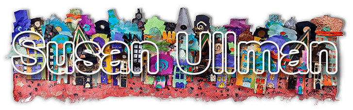 Susan Ullman, mixed media collage and handmade paper, logo